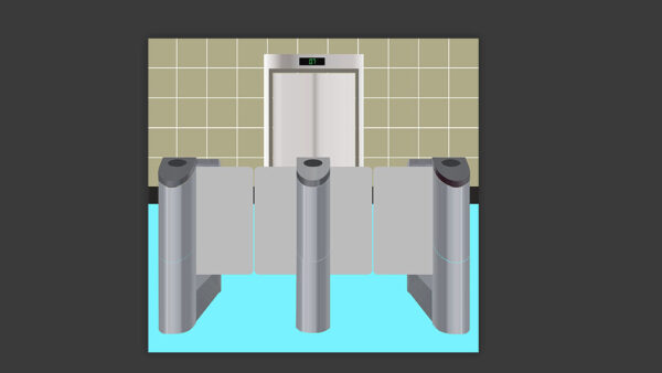 Skillivo - Entrance to office with steel turnstiles flap barrier and elevator concept