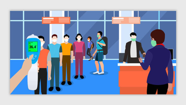 Thermal Temperature Scanning of body temperature of people on Airport Illustration