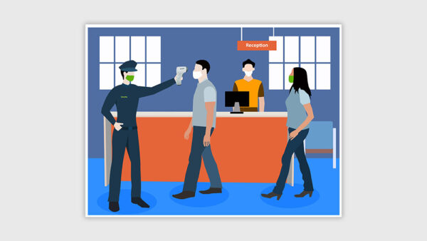 Download Security checking forehead temperature of people at reception using non contact thermometer 01 Illustration