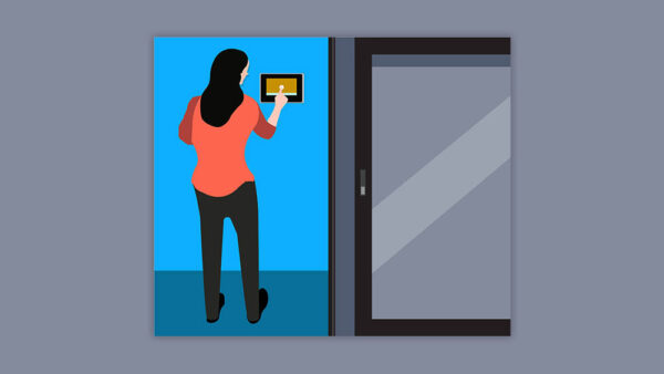 Smart security access system concept Girl touching system Illustration